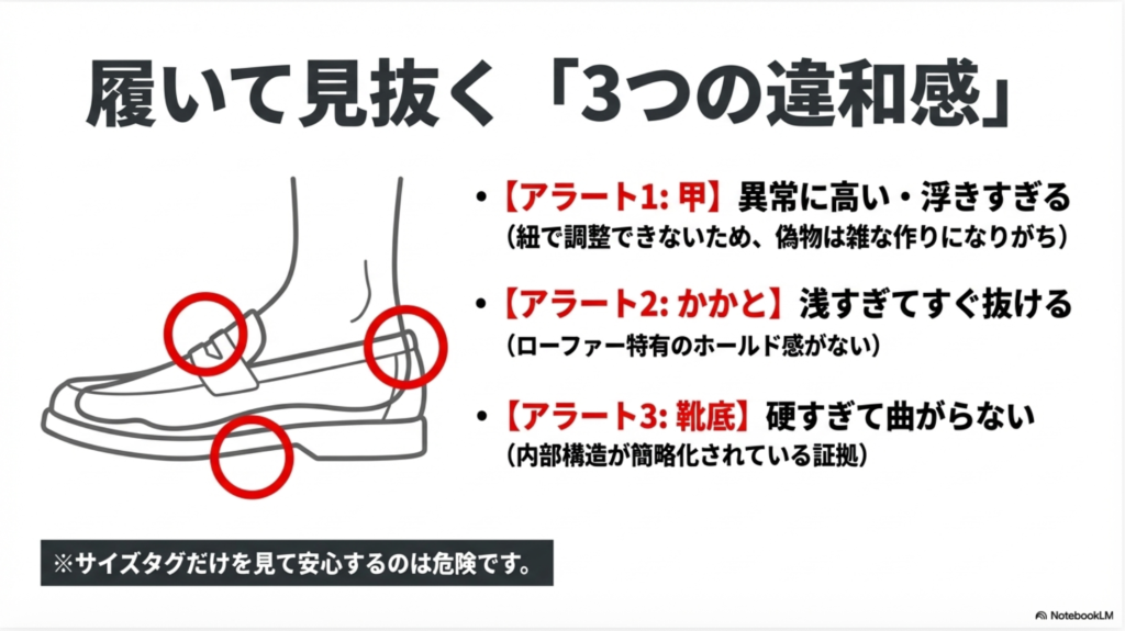 実際に履いた際のチェックポイント図解。1.甲が浮きすぎる、2.かかとがすぐ抜ける、3.靴底が硬すぎて曲がらない、という3点のアラート。
