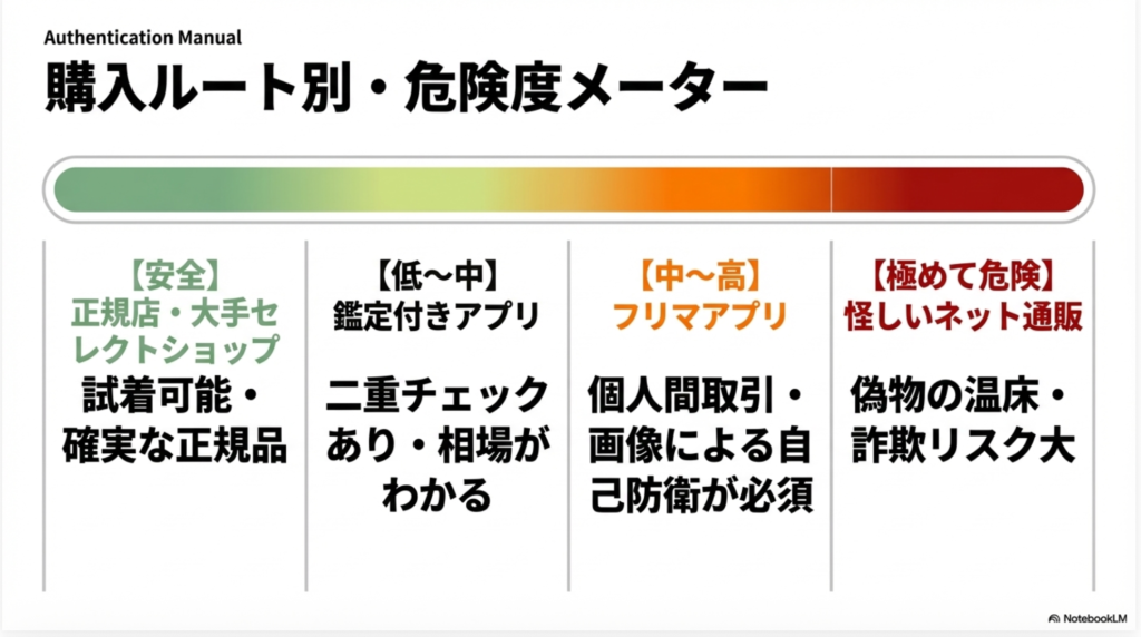 正規店（安全）から、鑑定付きアプリ、フリマアプリ、怪しいネット通販（極めて危険）までを4段階で示したリスクメーター。