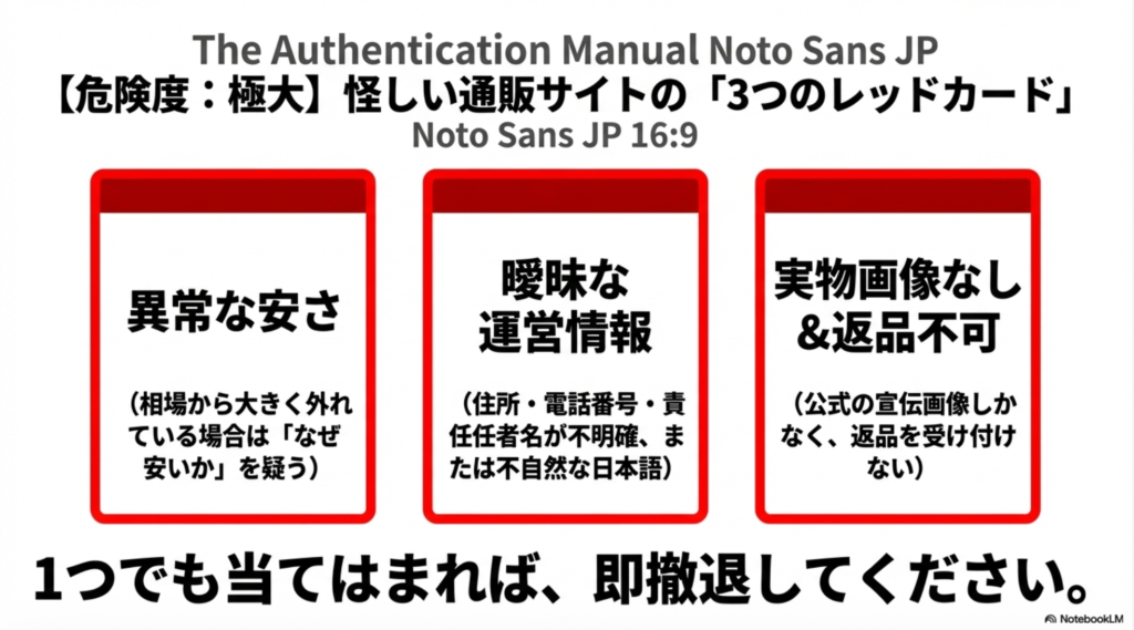 危険なサイトの特徴として「異常な安さ」「曖昧な運営情報」「実物画像なし＆返品不可」の3つを挙げ、1つでも当てはまれば即撤退を促す注意喚起。
