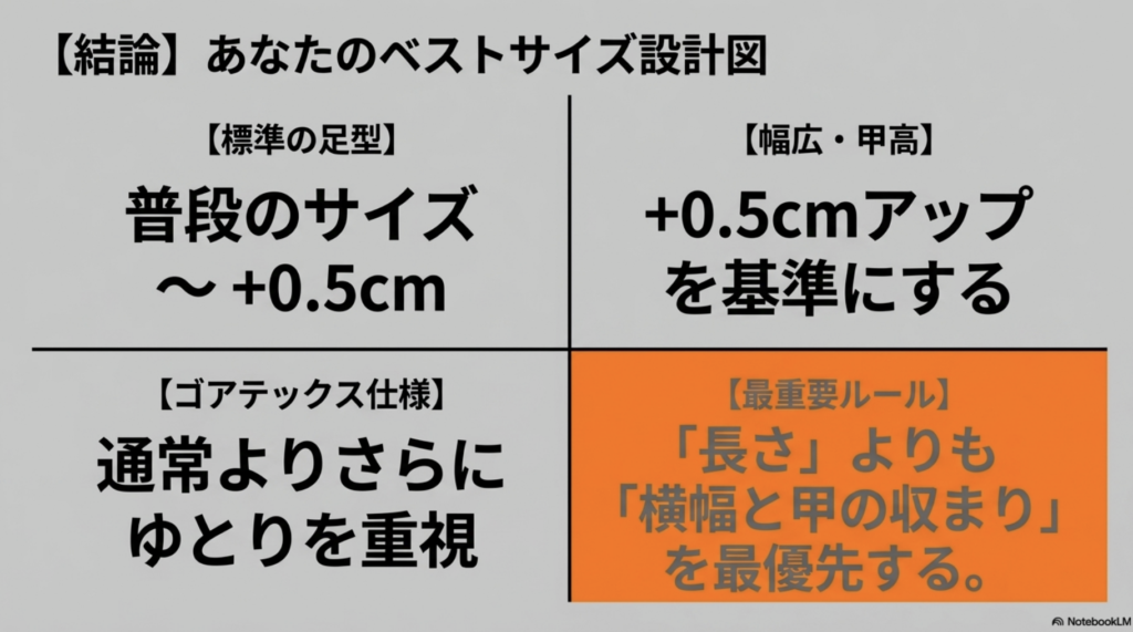 標準、幅広・甲高、ゴアテックス仕様それぞれの足型に合わせた2002Rの推奨サイズ選びのまとめ表。