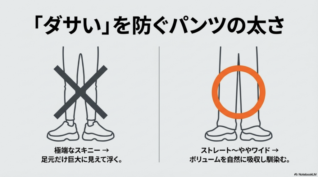 スキニーパンツでは靴が浮いて見えるが、ストレートやワイドパンツなら2002Rのボリュームに馴染むことを示すイラスト。