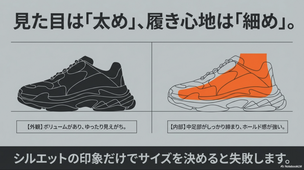 2002Rの外観はボリュームがあるが、内部は中足部がしっかり締まりホールド感が強いことを示す図解。