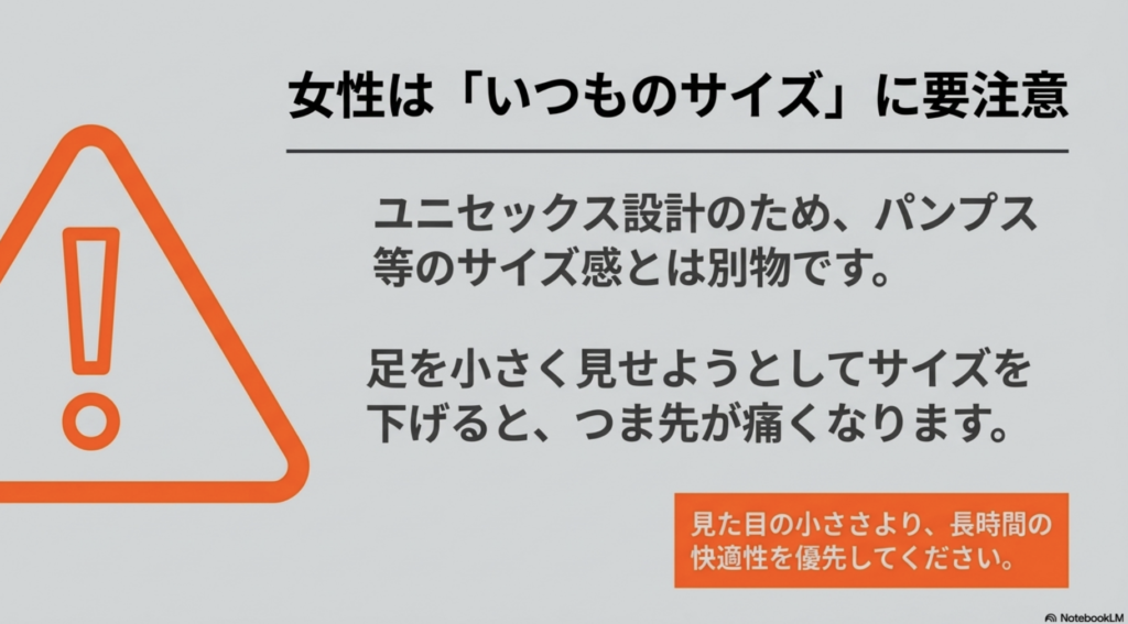 ユニセックス設計の2002Rを女性が選ぶ際、見た目を小さくしようとしてサイズを下げすぎないよう促す注意書き。