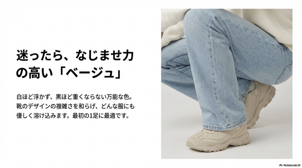 デニムに合わせたベージュの408。白ほど浮かず黒ほど重くならない万能ななじませ力を解説