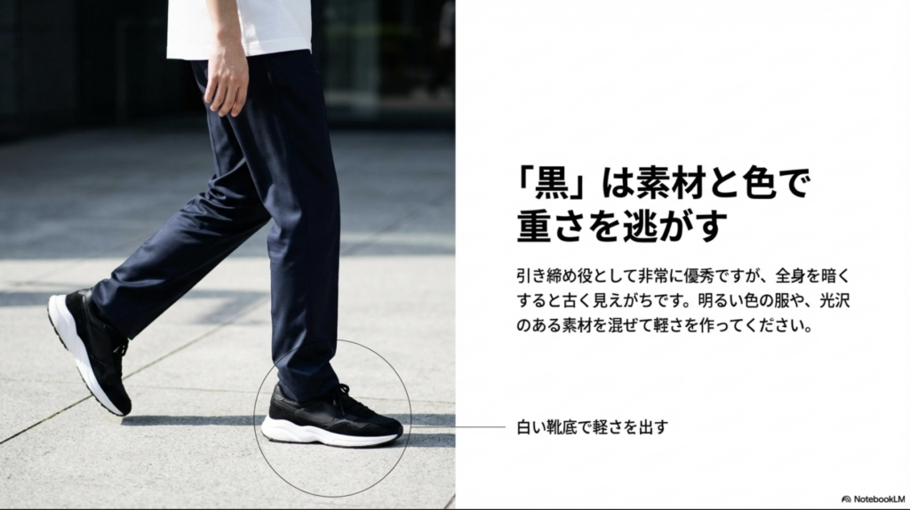 黒の408とネイビーのパンツのコーデ。白い靴底で軽さを出し、明るい色の服と合わせる提案