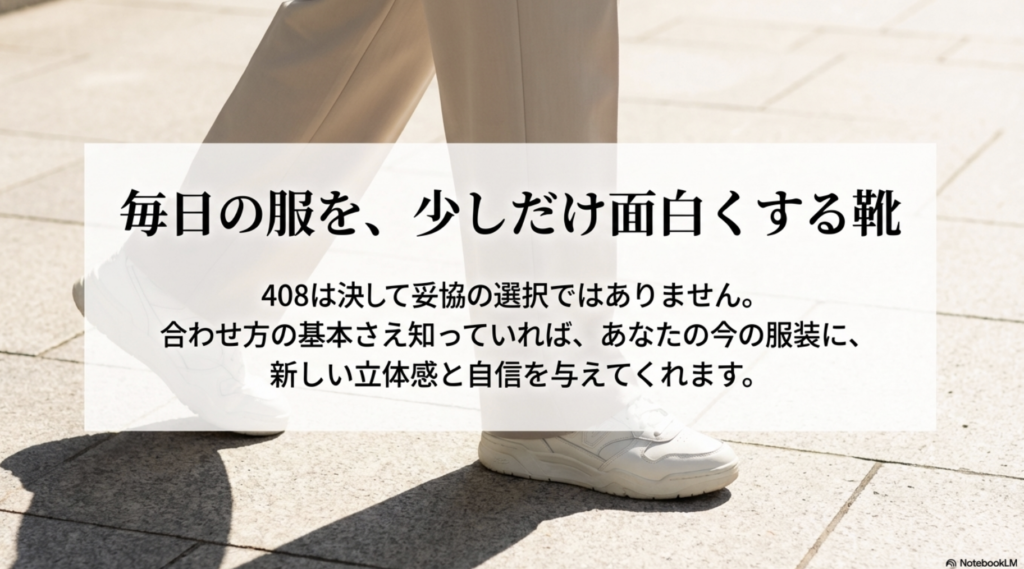 408が日常の服装に新しい立体感と自信を与えてくれることを伝えるまとめのスライド