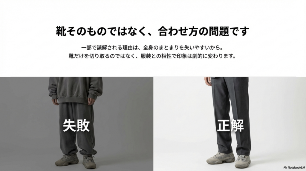 スニーカーの合わせ方の失敗例と正解例を比較し、服との相性で印象が変わることを説明する資料