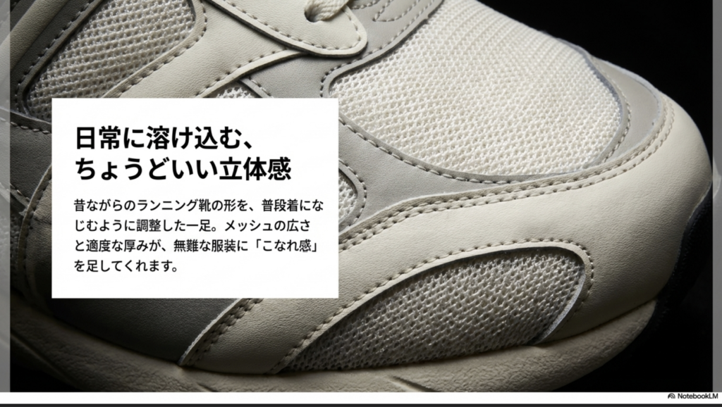 408のメッシュの広さと適度な厚みが、無難な服装にこなれ感を与える理由を解説した図解