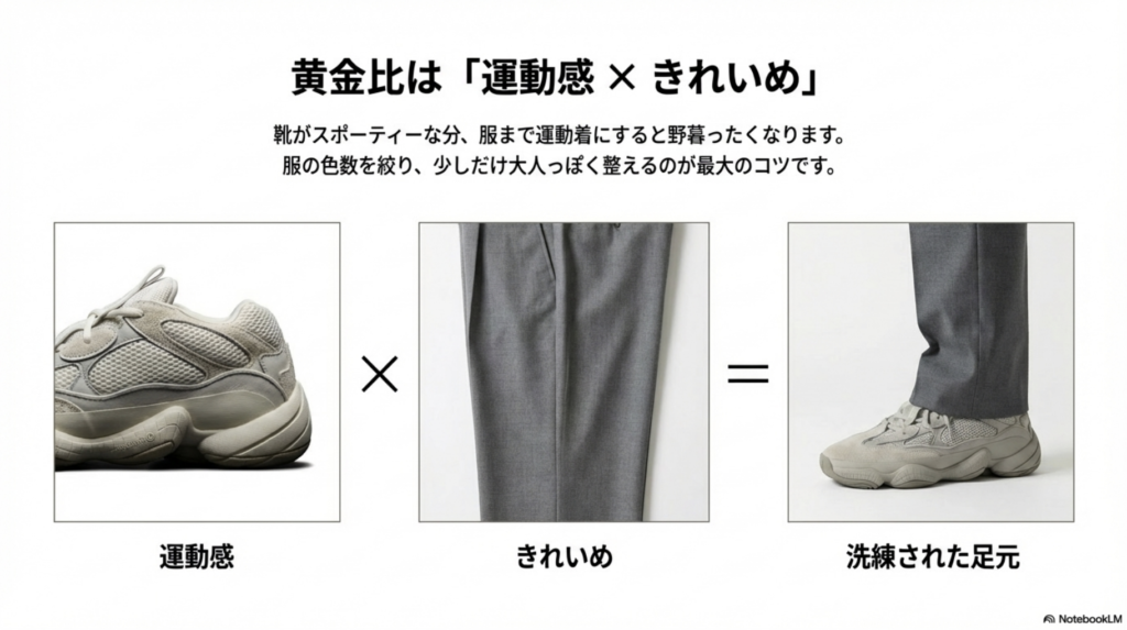 運動感ときれいめ要素を掛け合わせた洗練された足元の作り方と、服の色数を絞るコツの紹介