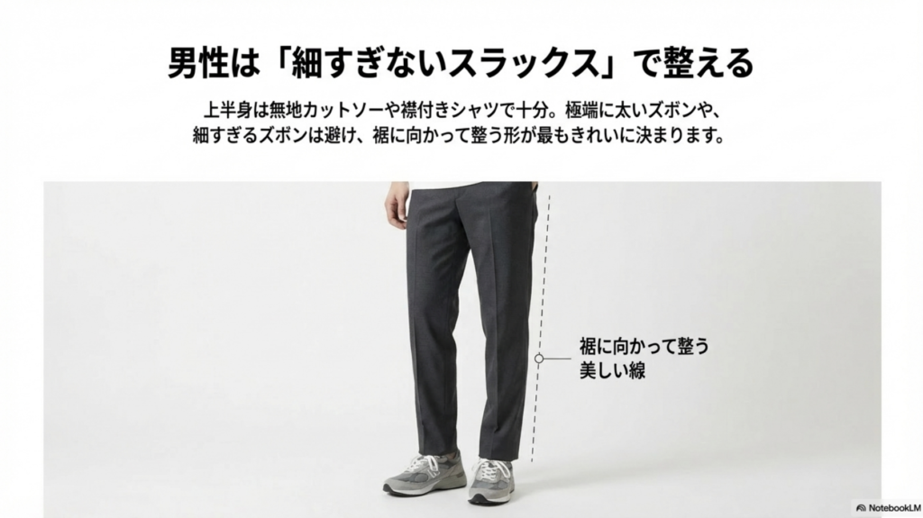 男性向けに裾に向かって整う細すぎないスラックスと408を合わせる美しいシルエットの提案