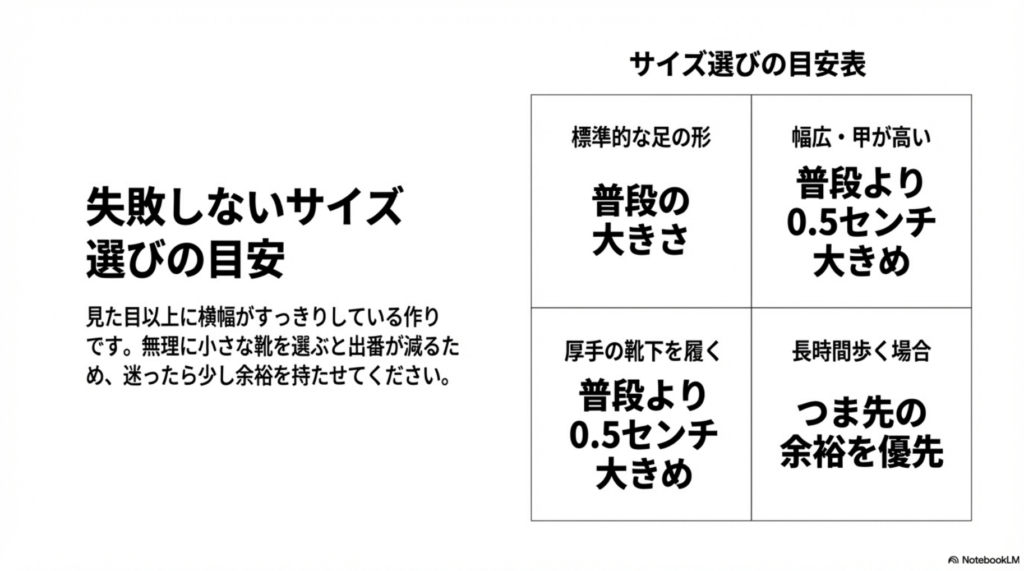 標準的な足の形と幅広・甲高の人向けのサイズ選びの目安表。0.5cmアップの推奨など