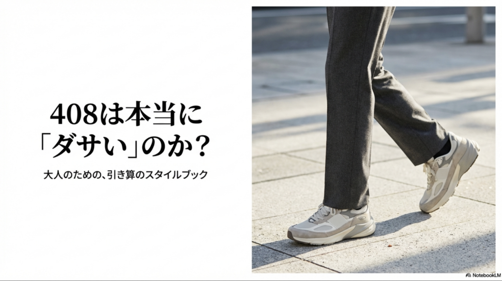 ニューバランス408を履いて街を歩く人の足元写真と「408は本当にダサいのか?大人のための引き算のスタイルブック」というタイトルのスライド