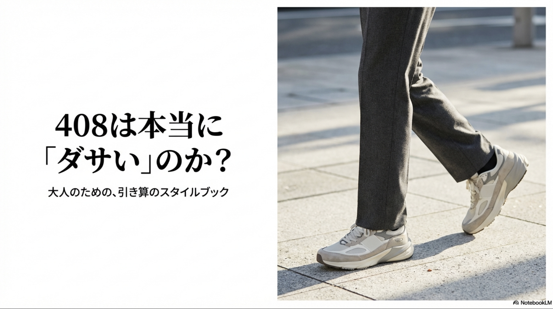 ニューバランス408を履いて街を歩く人の足元写真と「408は本当にダサいのか？大人のための引き算のスタイルブック」というタイトルのスライド