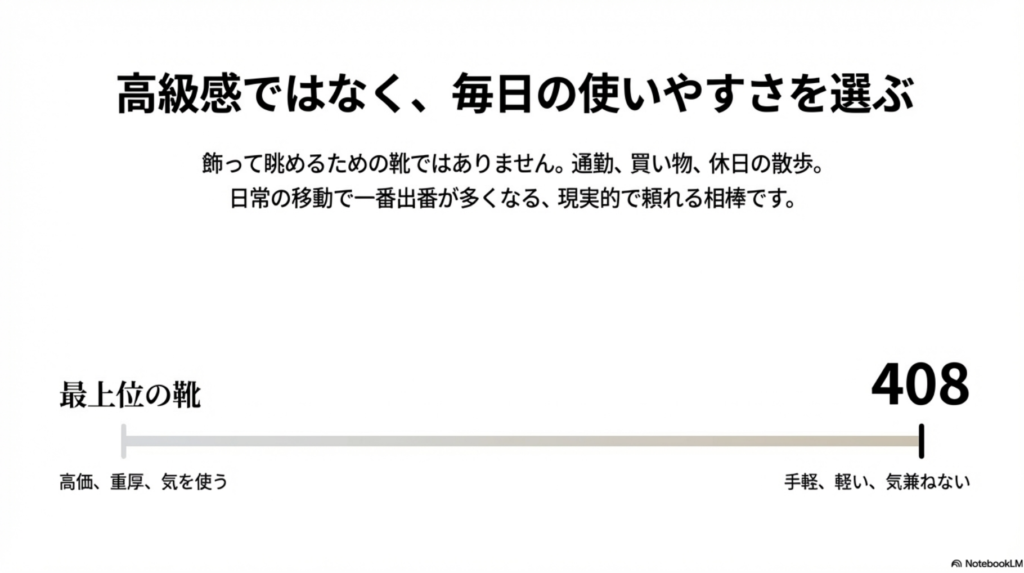 最上位モデル(高価・重厚)と408(手軽・軽い・気兼ねない)の日常における使いやすさの比較
