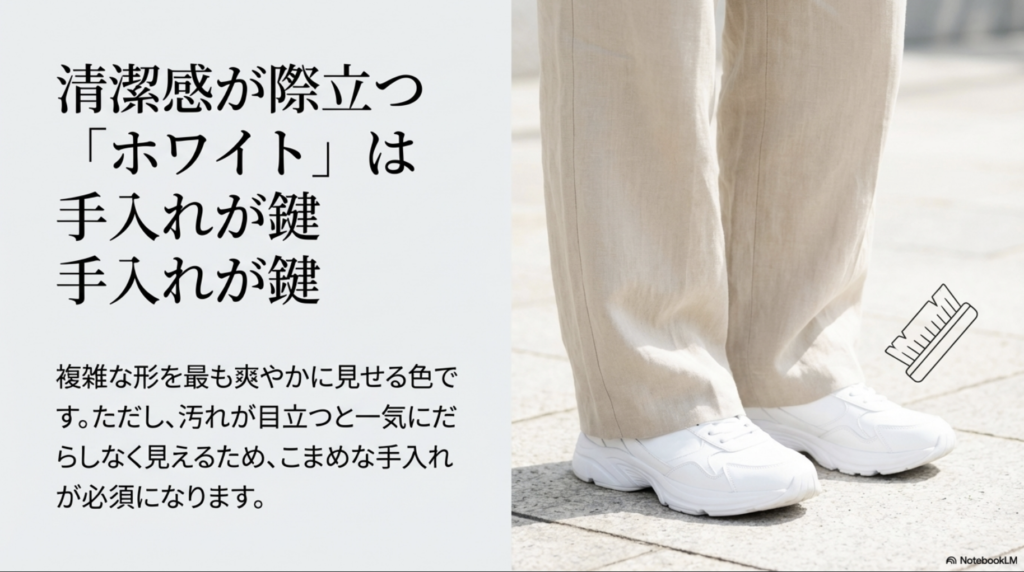 清潔感のあるホワイトのML408。複雑な形を爽やかに見せるが、汚れの手入れが重要である旨の注意書き