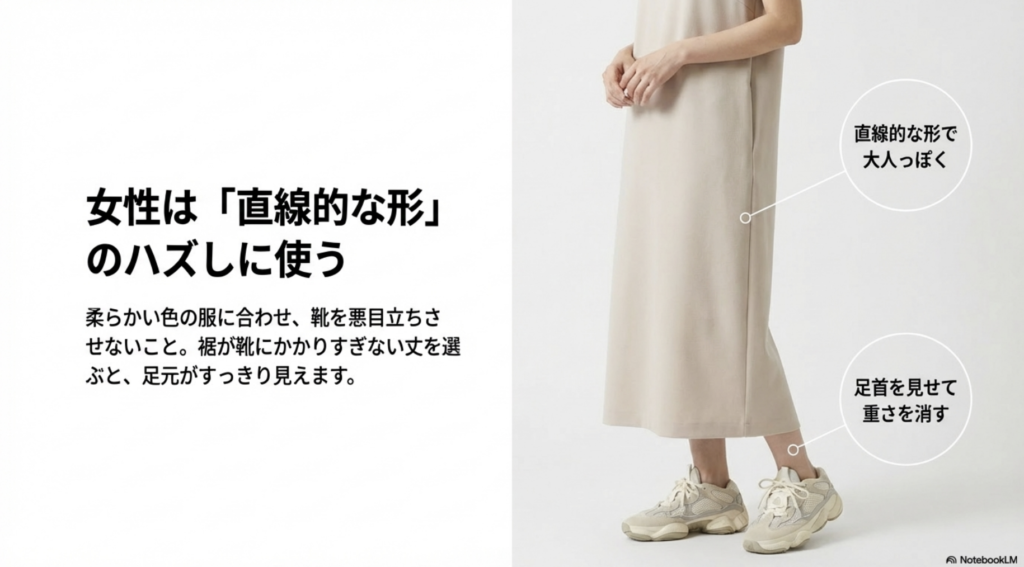 女性向けに足首を見せて重さを消し、直線的な形のハズしとして408を活用する方法の解説