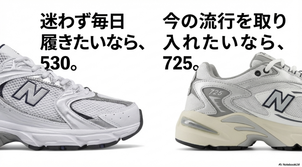 毎日迷わず履きたいなら530、トレンドを重視したいなら725を選ぶべきという結論スライド