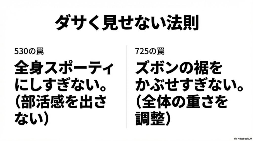 全身スポーティにしすぎない530のコツと、ズボンの裾を被せすぎない725のバランス調整術