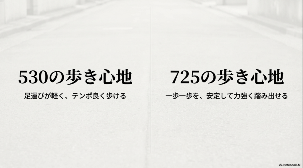530の軽やかでテンポの良い歩き心地と、725の安定して力強く踏み出せる歩き心地の比較