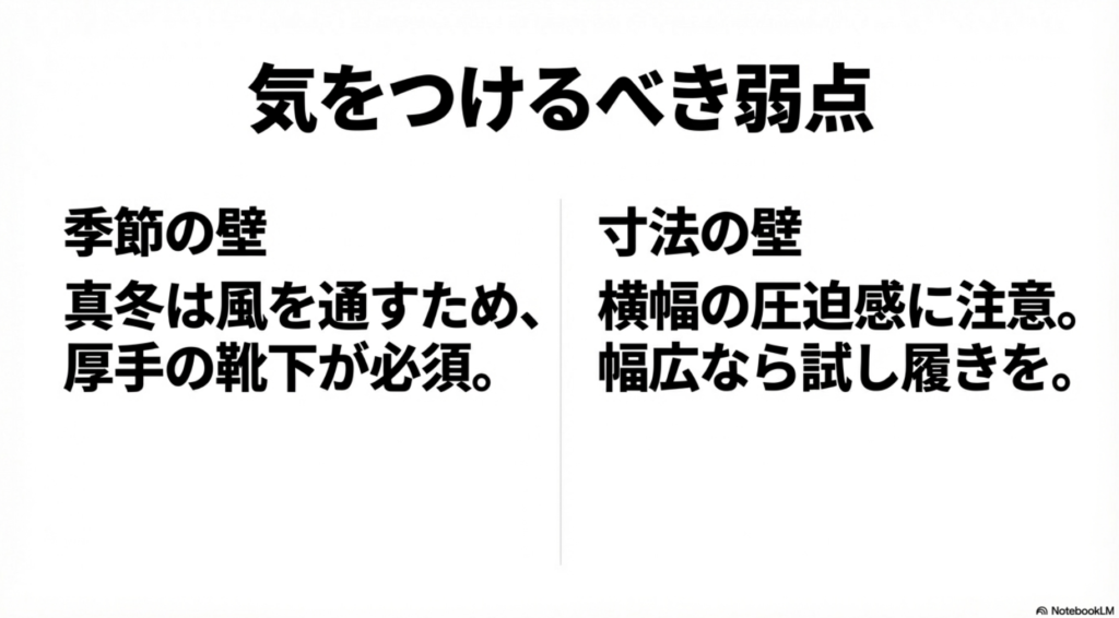 530の冬の通気性問題と、725の横幅の圧迫感に対する注意点をまとめた資料