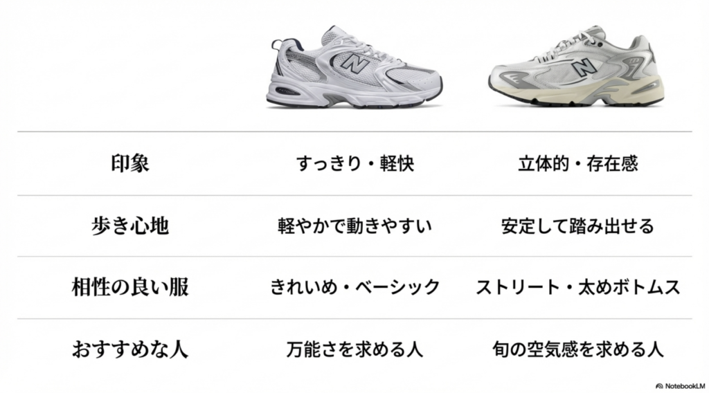 印象、歩き心地、相性の良い服、おすすめな人を一目で比較できる総合まとめテーブル