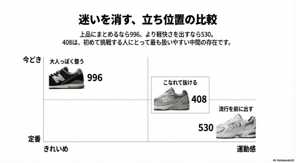 ニューバランス996(定番・きれいめ)、408(中間・こなれ)、530(トレンド・運動感)の比較マップ