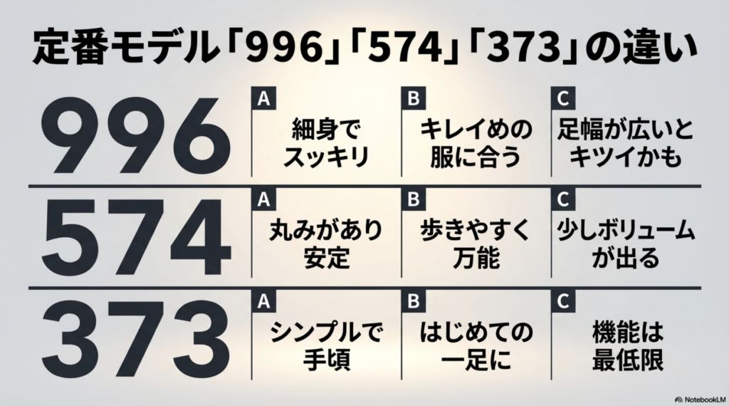 996は細身でキレイめ、574は丸みがあり万能、373はシンプルで手頃といった、モデルごとの特徴とメリット・デメリットをまとめた比較表。
