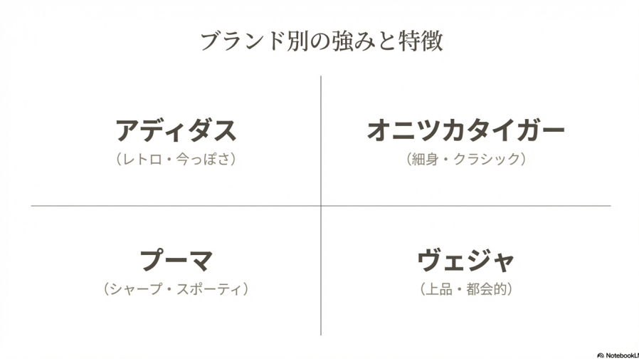 アディダス、オニツカタイガー、プーマ、ヴェジャの4ブランドの強みを一言でまとめた比較スライド。