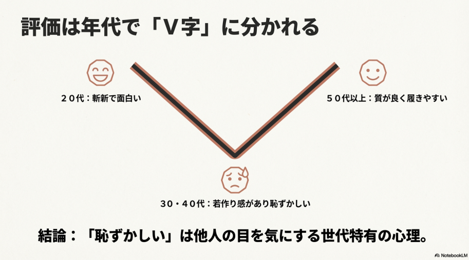 20代は斬新、50代以上は質を評価し、30・40代は羞恥心を感じるV字型評価の図解
