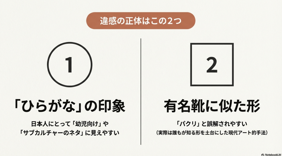 ひらがなロゴの印象と有名ブランドに似た形状がパクリと誤解される理由の図解
