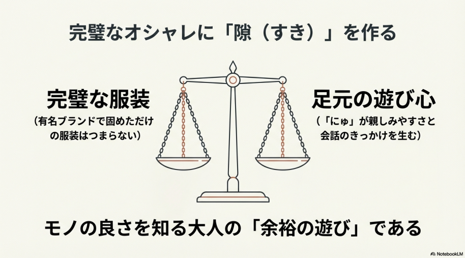 ブランドで固めた服装に「にゅ」を合わせることで親しみやすさを生む天秤の図解