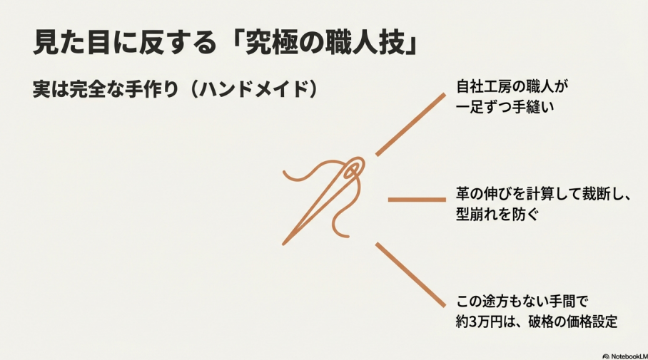 自社工房の職人が革の伸びを計算して一足ずつ手縫いするハンドメイド工程の解説