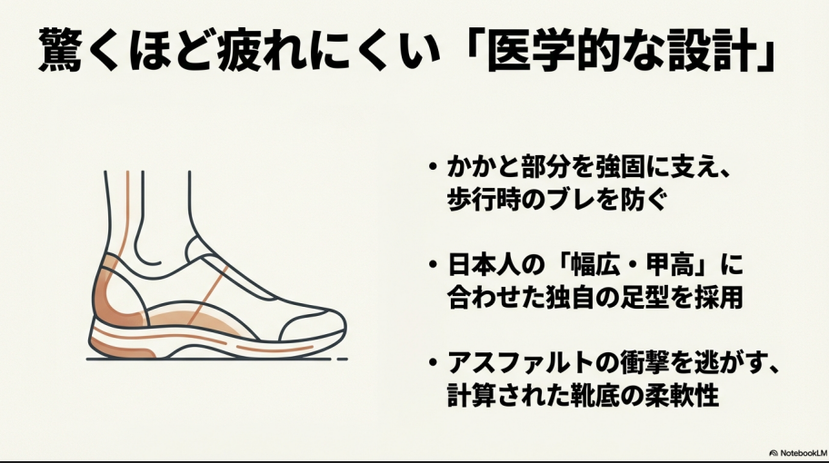 強固なかかと支柱、日本人の足型、衝撃を逃がす靴底など医学的設計のイラスト