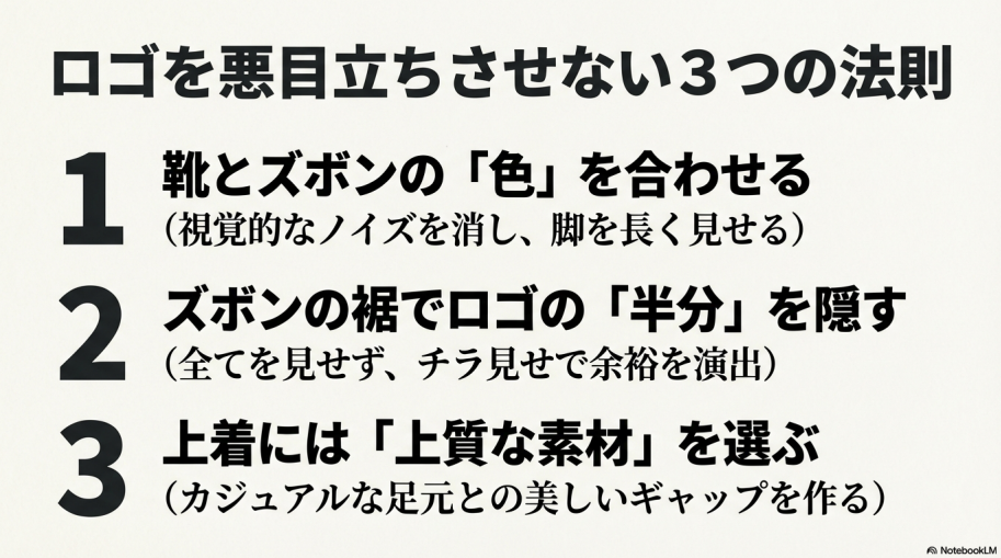 靴とズボンの色合わせ、裾でのチラ見せ、上質な素材の活用によるコーデ術