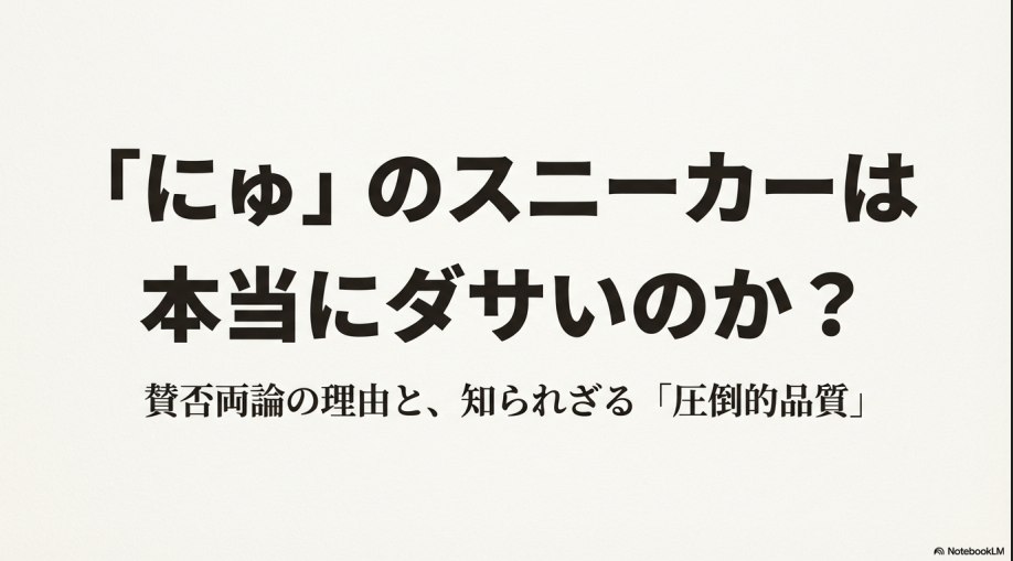にゅのスニーカーがダサいと言われる理由と品質を解説するタイトルスライド