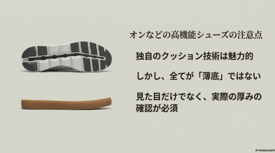 オン（On）のスニーカーのソールを例に、見た目だけでなく実際の厚みを確認することを促す画像。
