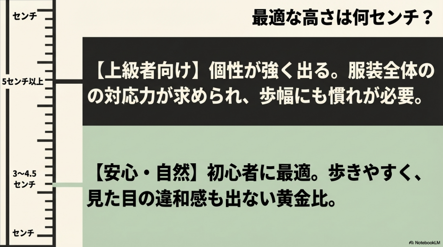初心者に最適な3〜4.5cmと、上級者向けの5cm以上の違いを解説する定規のイラスト付きスライド。