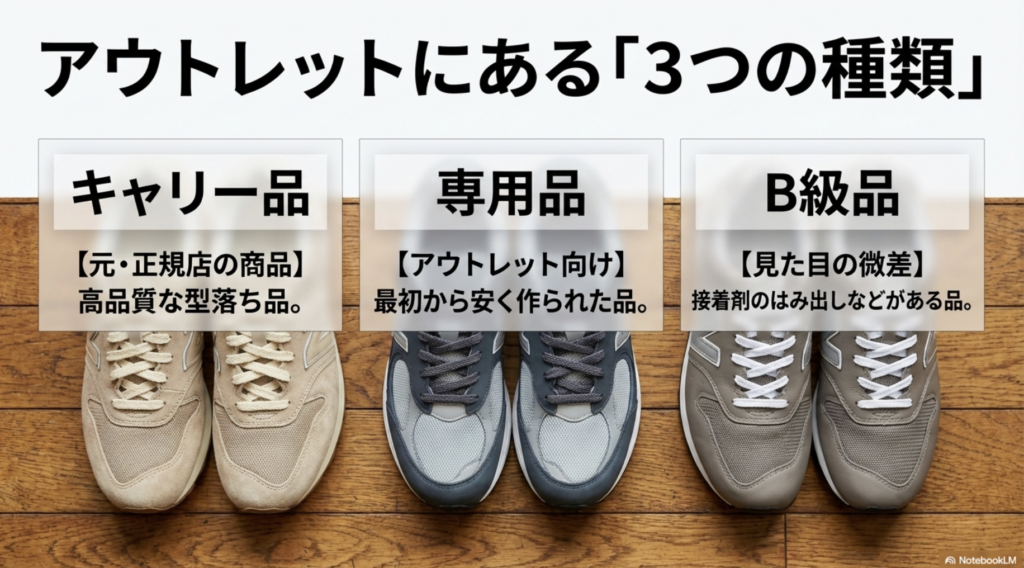 アウトレットに並ぶ商品は「キャリー品(元・正規店品)」「専用品(アウトレット向け)」「B級品(見た目の微差)」の3種類があることを示す解説図。