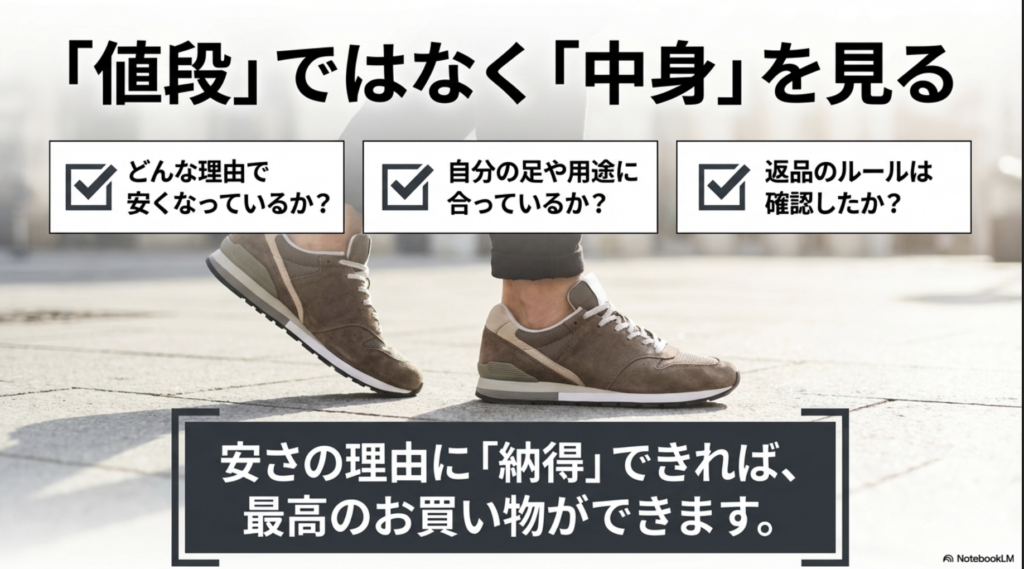 安さの理由、足への適合、返品ルールの3点に納得して最高の買い物をするためのまとめスライド。