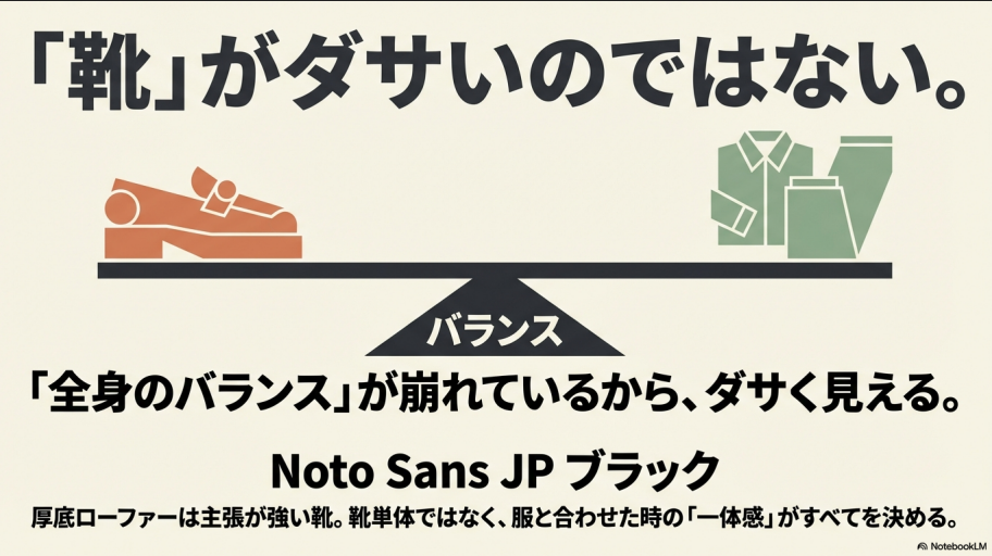 靴単体ではなく服と合わせた時の一体感と全身のバランスが重要であることを説明するスライド。