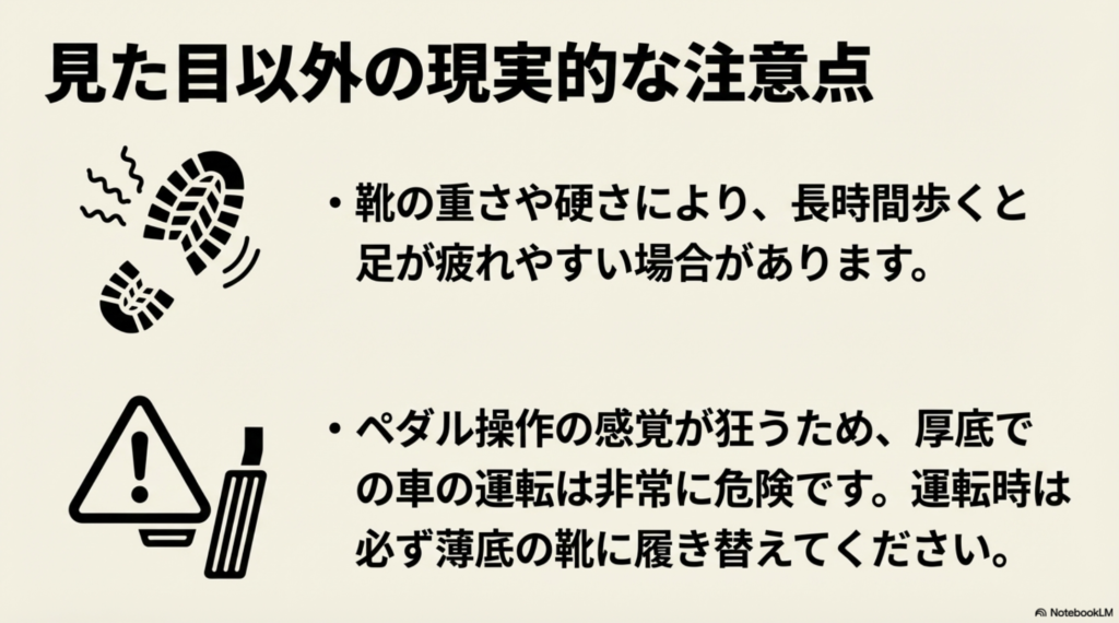 長時間歩行による疲れや、車の運転時の危険性など、厚底靴を使用する上での実用的な注意点を警告アイコンで示すスライド。