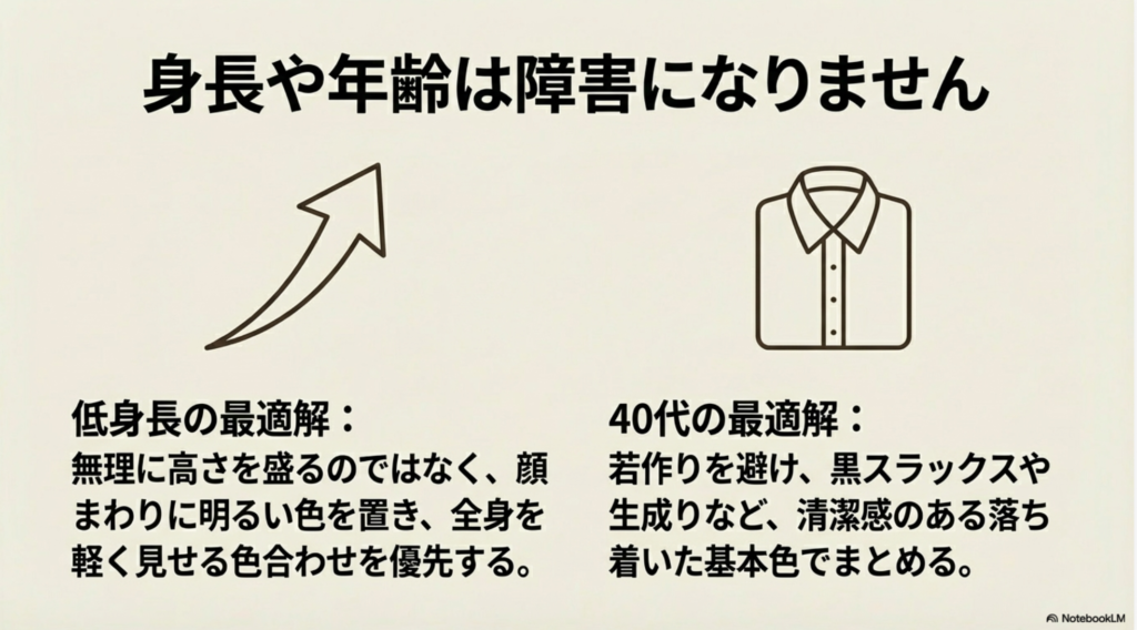 低身長存は顔まわりの明るい色、40代は清潔感のある基本色を選ぶなど、属性に合わせた成功のコツをまとめたスライド。
