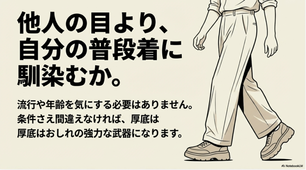 「他人の目より、自分の普段着に馴染むか」というメッセージとともに、厚底がおしゃれの武器になることを伝える締めくくりのスライド。