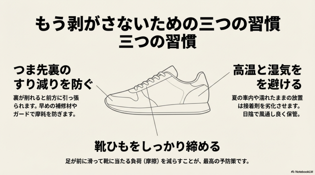 つま先裏の摩耗防止、高温多湿を避けた保管、靴ひもを締める予防策を説明する画像