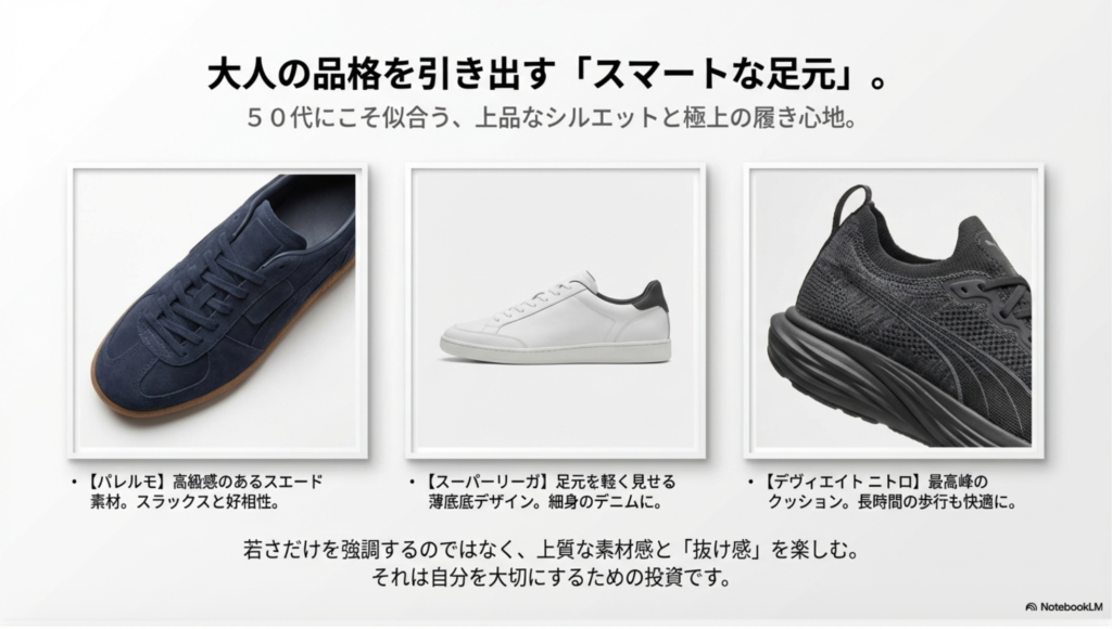 50代の大人の品格を引き出すプーマのパレルモやスーパーリーガの製品画像