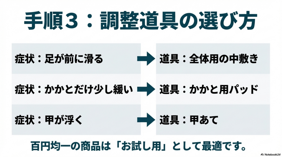 前滑りには中敷き、かかとにはパッド、甲には甲あてなど、症状に合わせた道具の選び方をまとめた表形式のスライド。