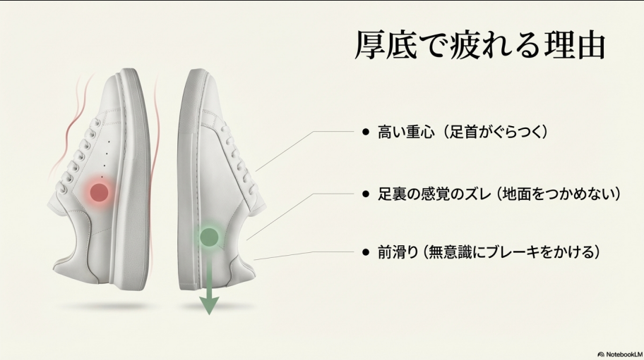 高い重心、足裏感覚のズレ、前滑りの3つの疲労原因を解説したスニーカーの断面図解。