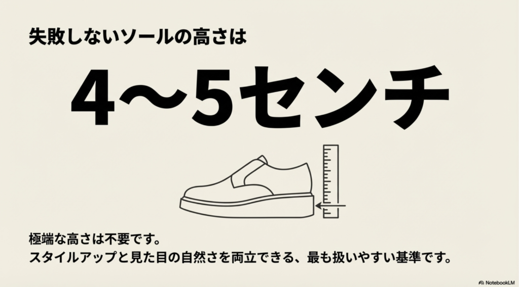 4〜5センチの高さが、スタイルアップと自然な見た目を両立できる最も扱いやすい基準であることを示す、定規と靴のイラスト。