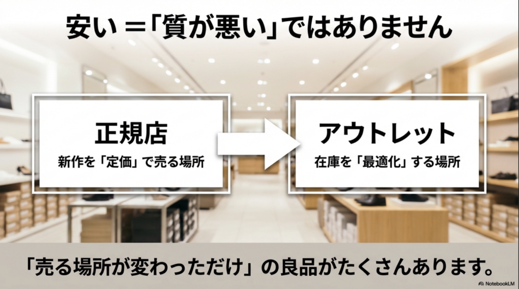 正規店は新作を定価で売る場所、アウトレットは在庫を最適化する場所であり、売る場所が変わっただけの良品が多いことを説明する比較図。