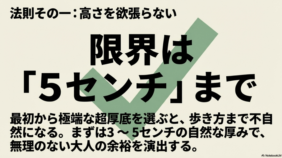 限界は5cmまでとし、3〜5cmの自然な厚みを推奨するスライド。